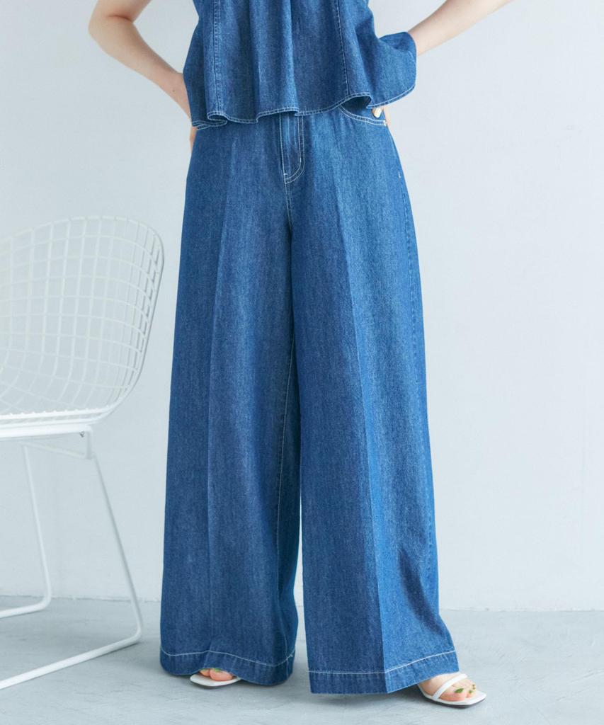 denim pants with center crease and navy size suitable for matching outfits [BIS] Wide-leg belt, washable, (43), M,