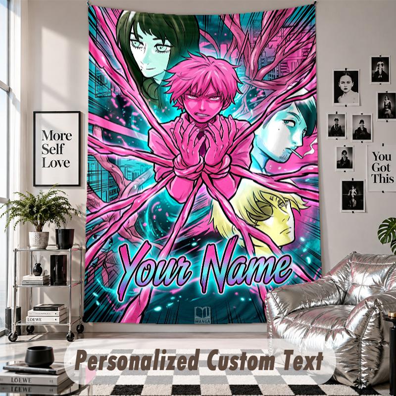 Tapeçaria de Parede com Nome e Texto Personalizados, Tapeçaria Decorativa Chainsaw Man Para Quarto