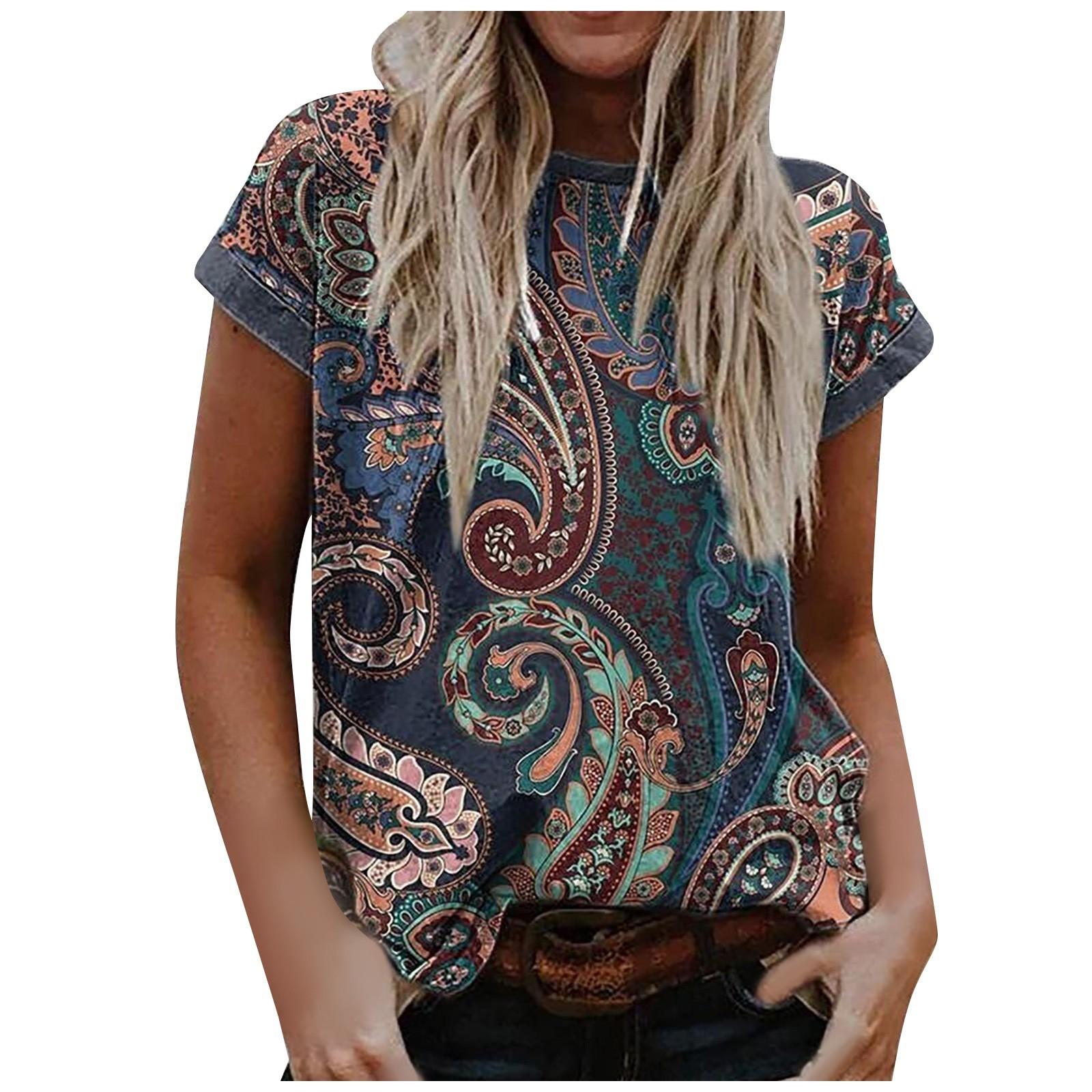 Женские модные повседневные рубашки в стиле вестерн для женщин, топы с короткими рукавами, летние топы с принтом XL