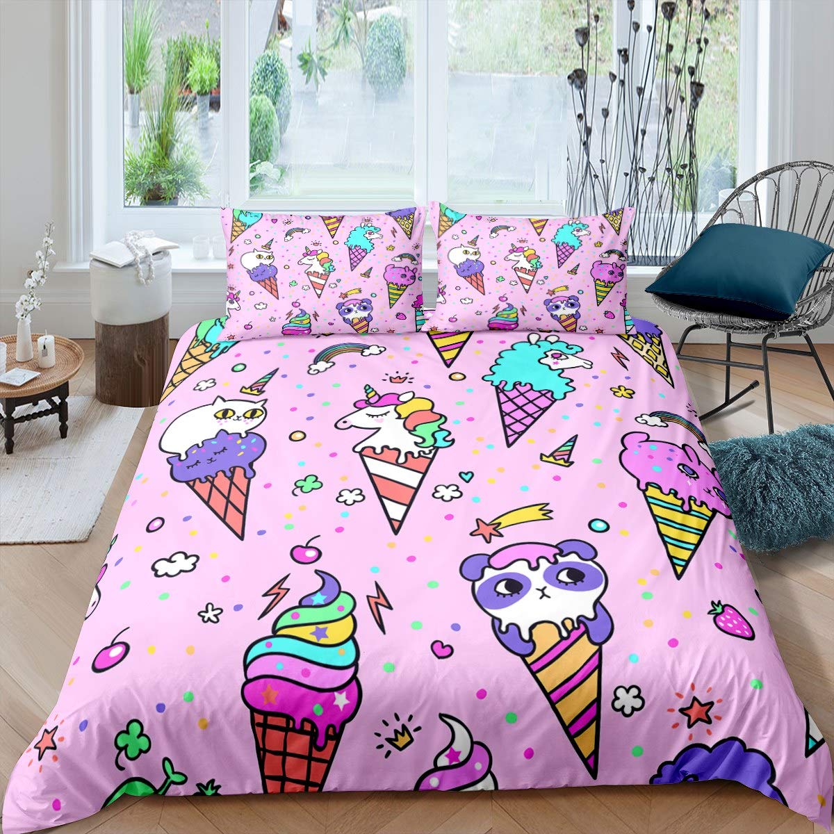 

Комплект постельного белья с летней тематикой, комплект постельного белья с изображением фруктов и мороженого из мультфильмов, 3 предмета, мягкий легкий пододеяльник цвета хаки, 2 наволочки EU Single(135x200cm)