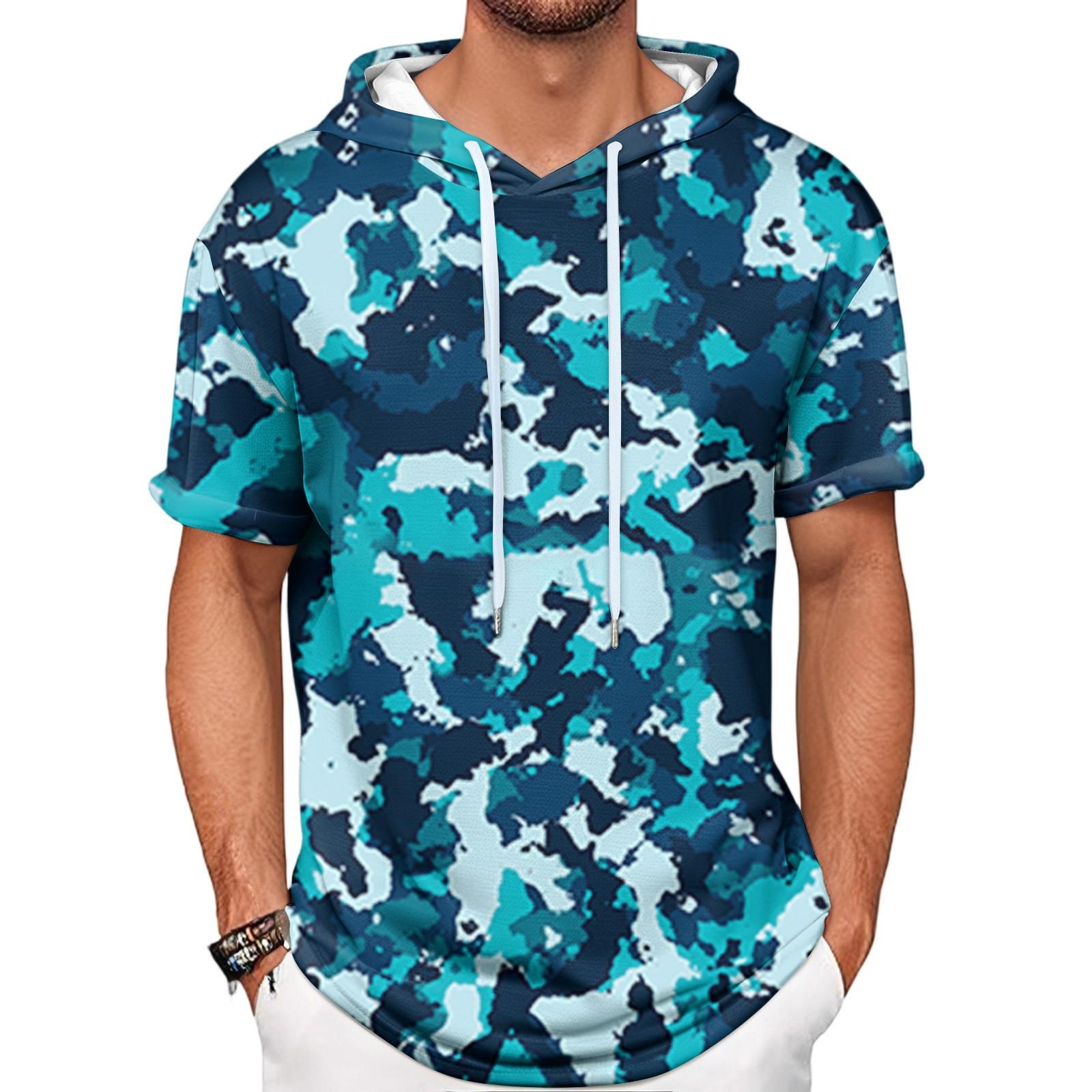 

Gradient Print Men s Shirt Hooded Short-sleeved Hooded Spring And Summer Casual Daily Wear XL