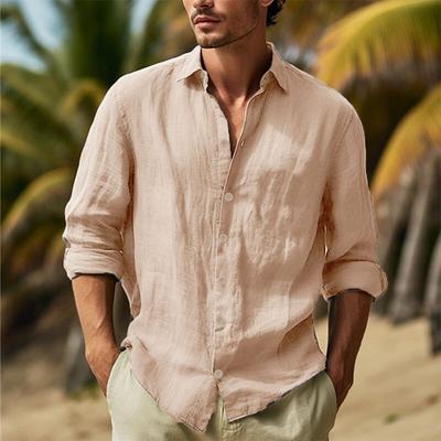 Summer Men's Cotton Linen Shirts Turn Down Collar Solid Hawaiian Shirt Lightweight Breathable Shirt Casual Streetwear