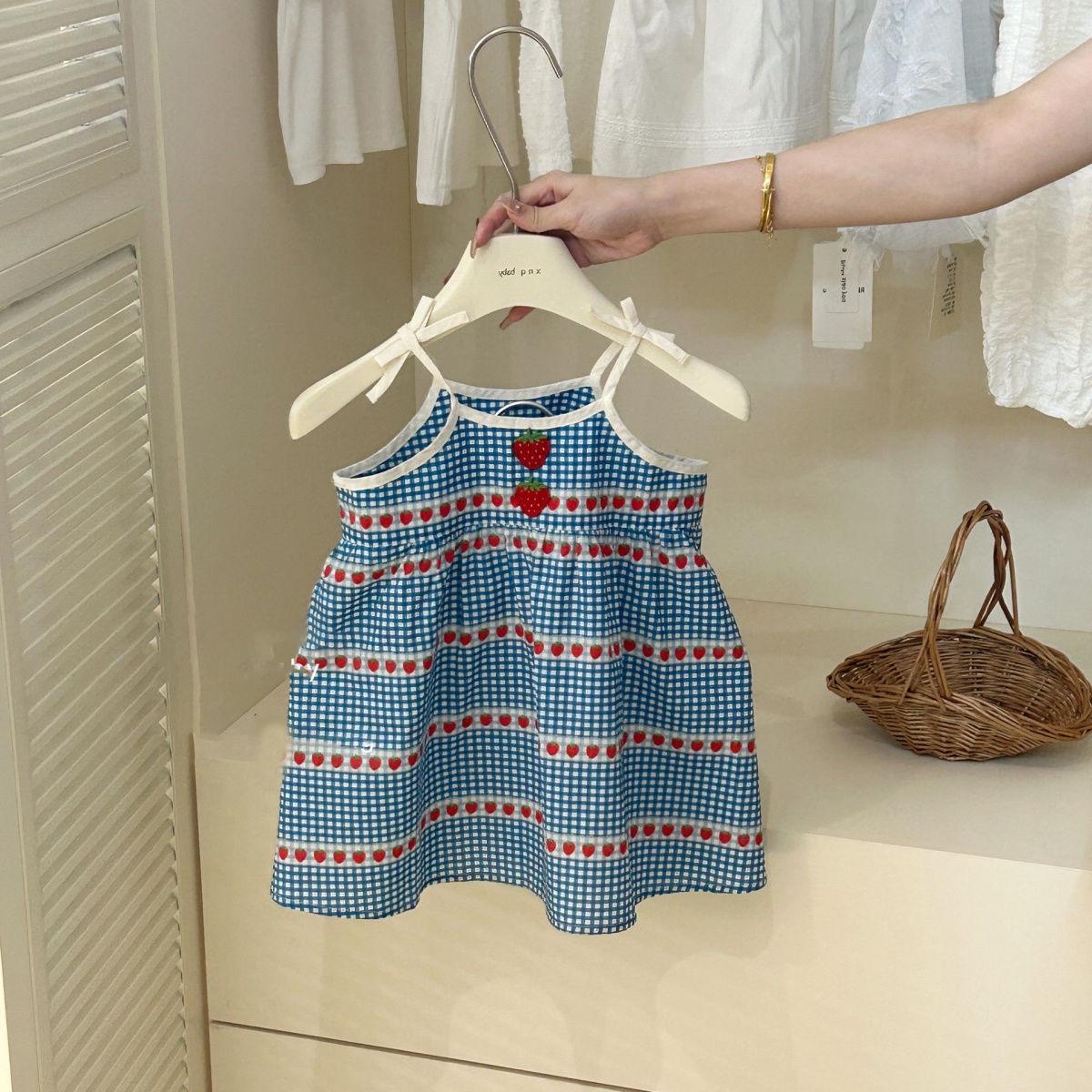 Toddler Girls Blue Gingham Strawberry Print Cami Dress, Adjustable Bow Strap Sleeveless A-Line Kids Summer Sundress 90cm