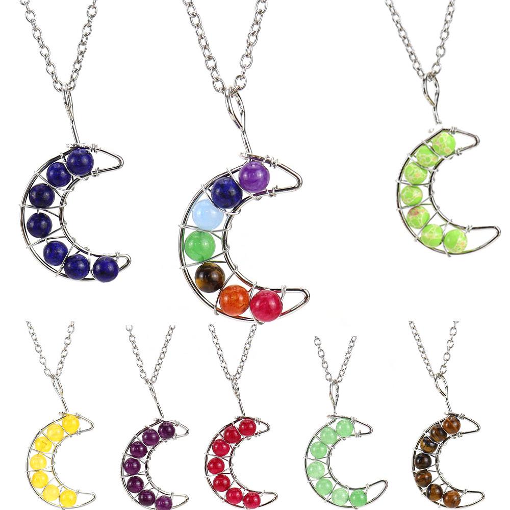 Handcrafted Wire Wrapped Seven-Color Crystal Moon Pendant Necklace