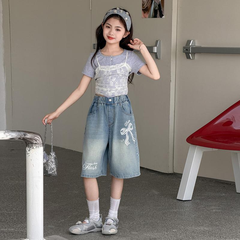 Ropa de Verano para Niños Pantalones Cortos de Mezclilla Adolescentes Niñas Estampado de Lazo Cintura Elástica Pierna Ancha Longitud Media Vaqueros Niños Casual Dulces Pantalones Cortos
