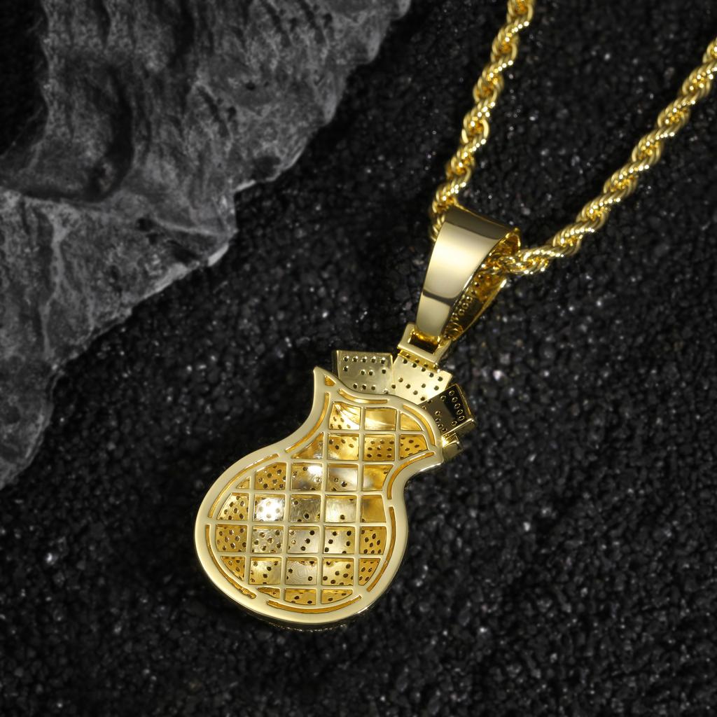 Money Bag Pendant 14K Gold Plated CZ Hip Hop Dollar Purse Charm Fashion Necklace Jewelry for Men Women