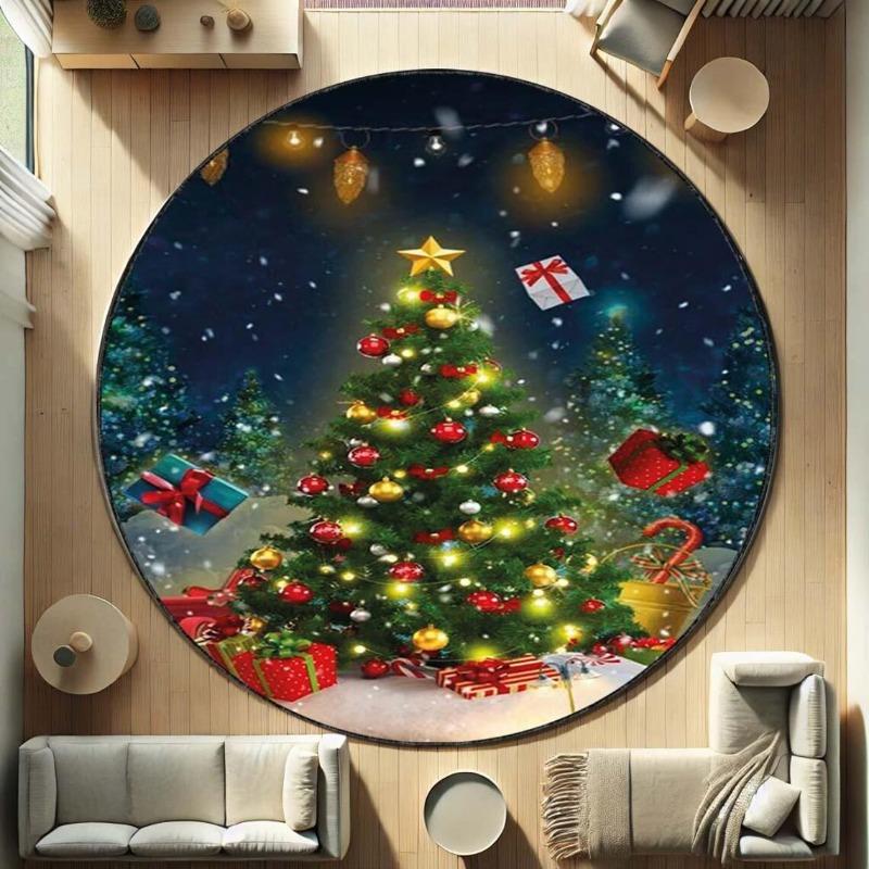 

Vintage Christmas Print Round Mat, Stain Resistant Non-Slip Carpet for Dining Room, Retro Holiday Home Decor Rug Diameter 60cm