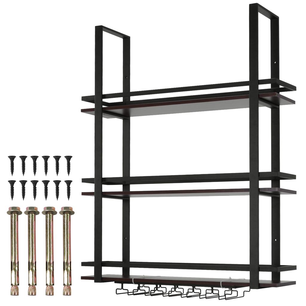 3 Tier Wall Mounted Bar Shelves Metal Hanging Wine Storage Rack Display with Glass Holder for Kitchen Dining Room Home Decor