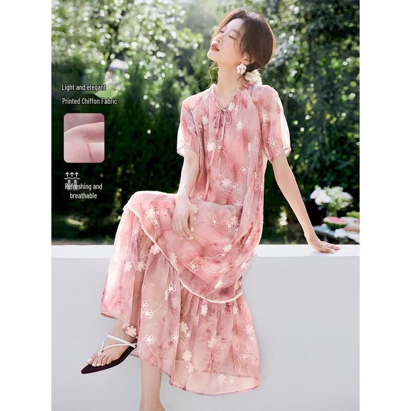 MOHAN YIMEI Floral Chiffon Maxi Dress with Tie-Waist L розовый
