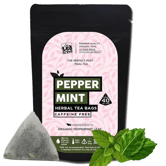 The tea trove Травяной мятный чай в пакетиках Органический-40 Без кофеина Мятные чайные пакетики для облегчения вздутия живота, газообразования - Заваривать горячим или со льдом, 40 грамм, 1 упаковка