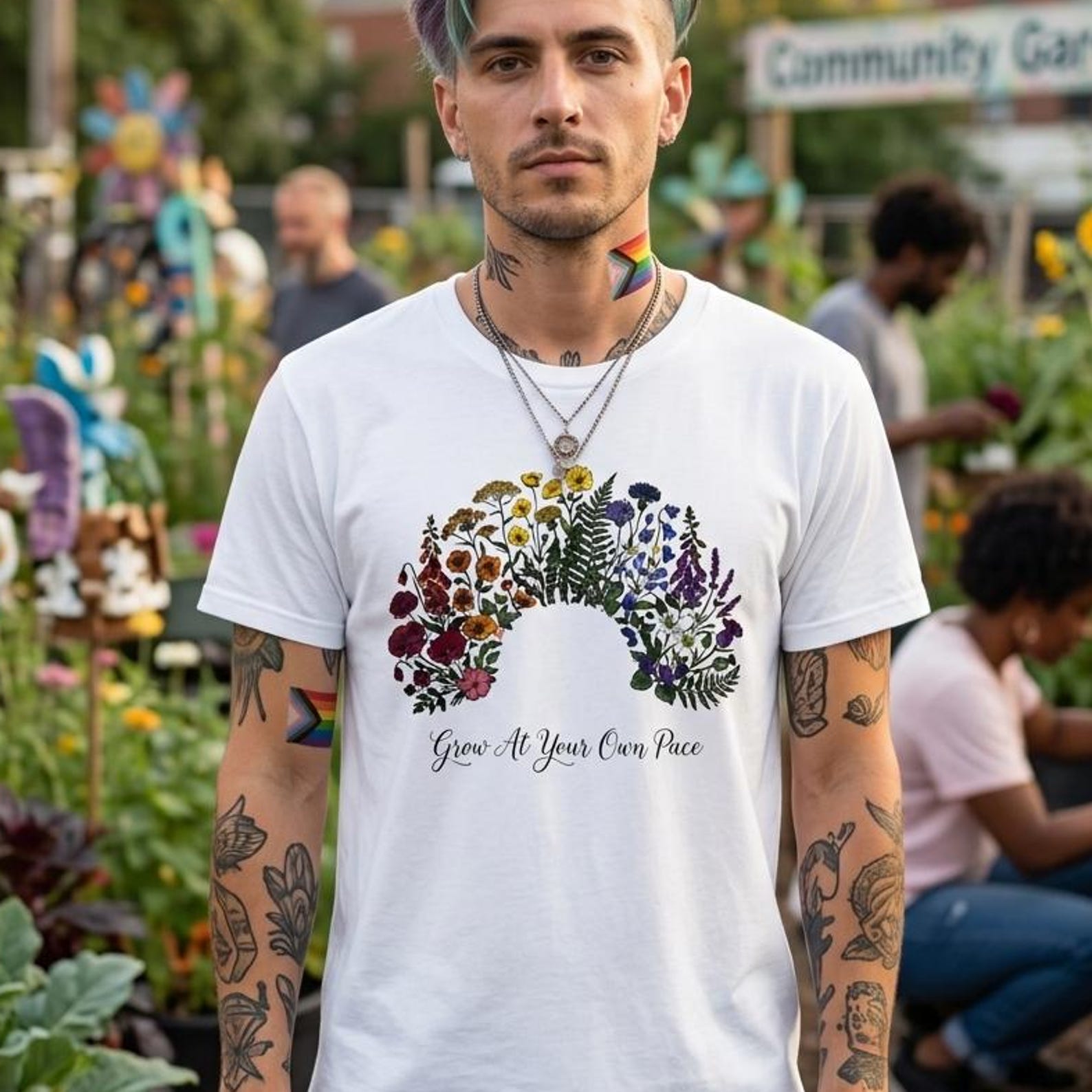 Floral Rainbow Afro T-Shirt Botanical Hair Silhouette Pride Script Lettering Tee L