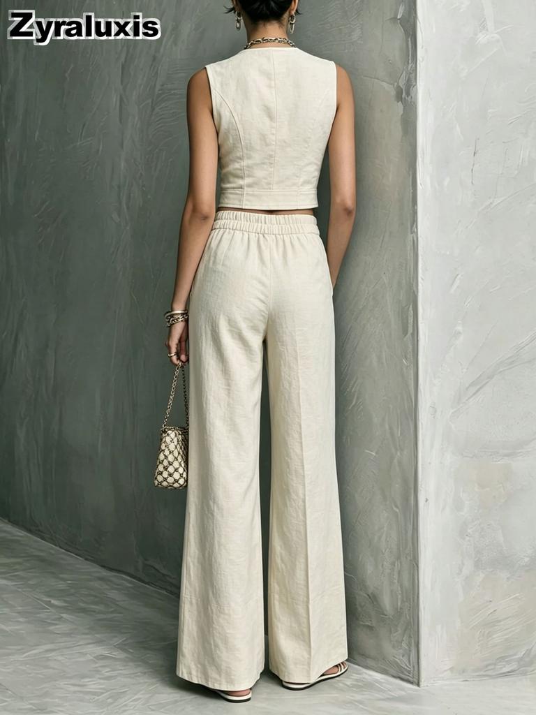 Women's Summer Sleeveless Lace Top with Straight Leg Casual Pants Fashion Elegant Set
