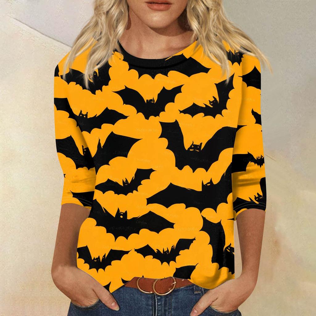 Modieuze casual damestop met driekwartmouwen en Halloweenprint, ronde hals.