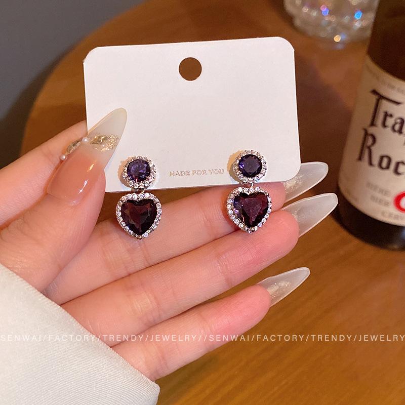 Purple heart micro-inlaid zircon earrings femininity stud earrings personalized earrings