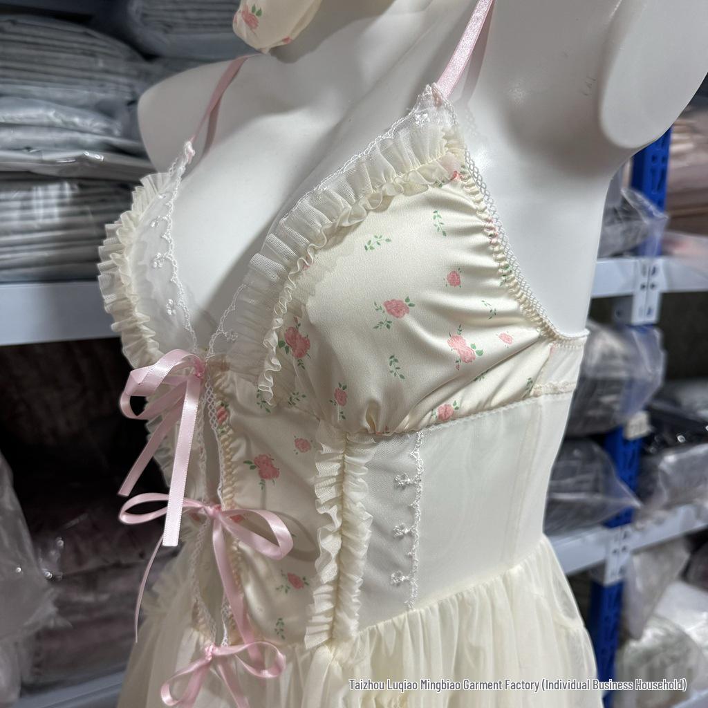 50970 Floral Mesh Nightgown with Bowknot and Removable Pads