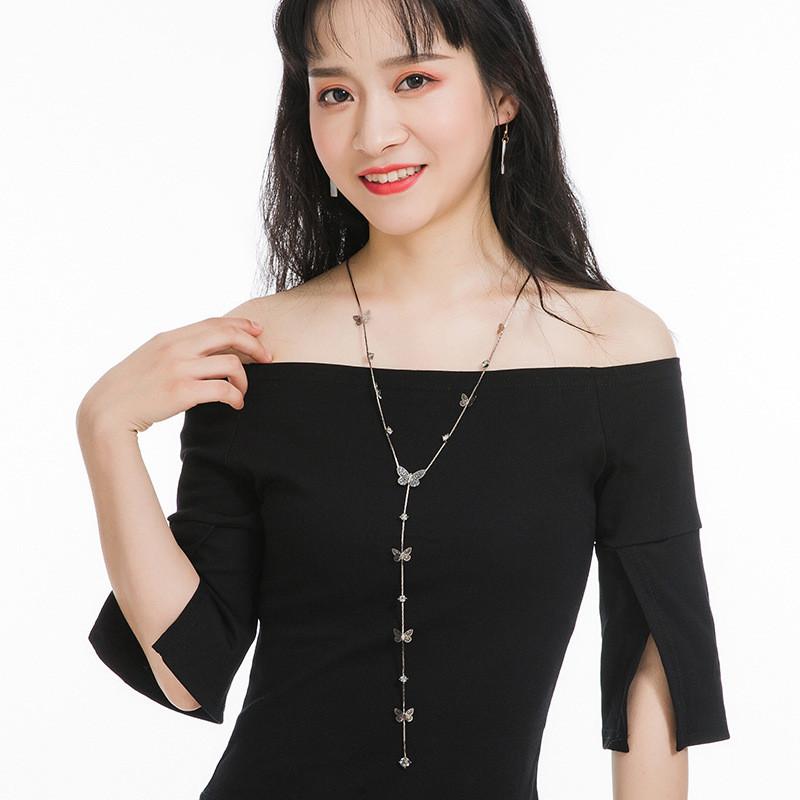 Elegant Korean Style Rhinestone Butterfly Tassel Sweater Necklace For Women