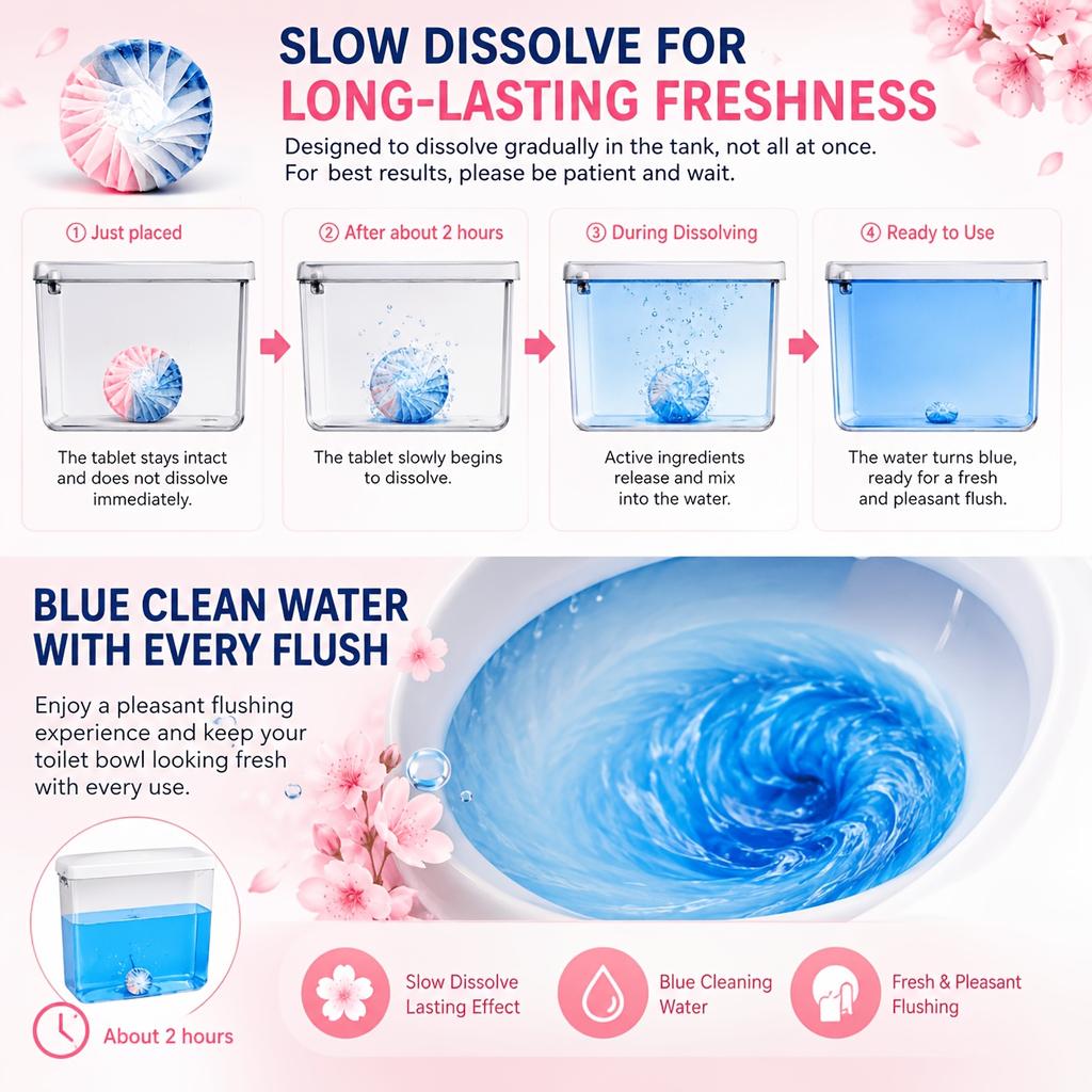 Automatic Toilet Bowl Tablets Dual Color Water Soluble Film with Urine Scale Remover, Long Lasting Fragrance Tablets for Deep Stain Elimination