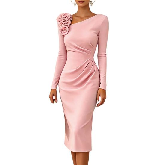 Huaqianguhh Vestito Midi Bodycon da Donna per Feste Cocktail, Manica Lunga Fiore 3D Pieghettato Abito Formale da Ospite di Matrimonio da Sera