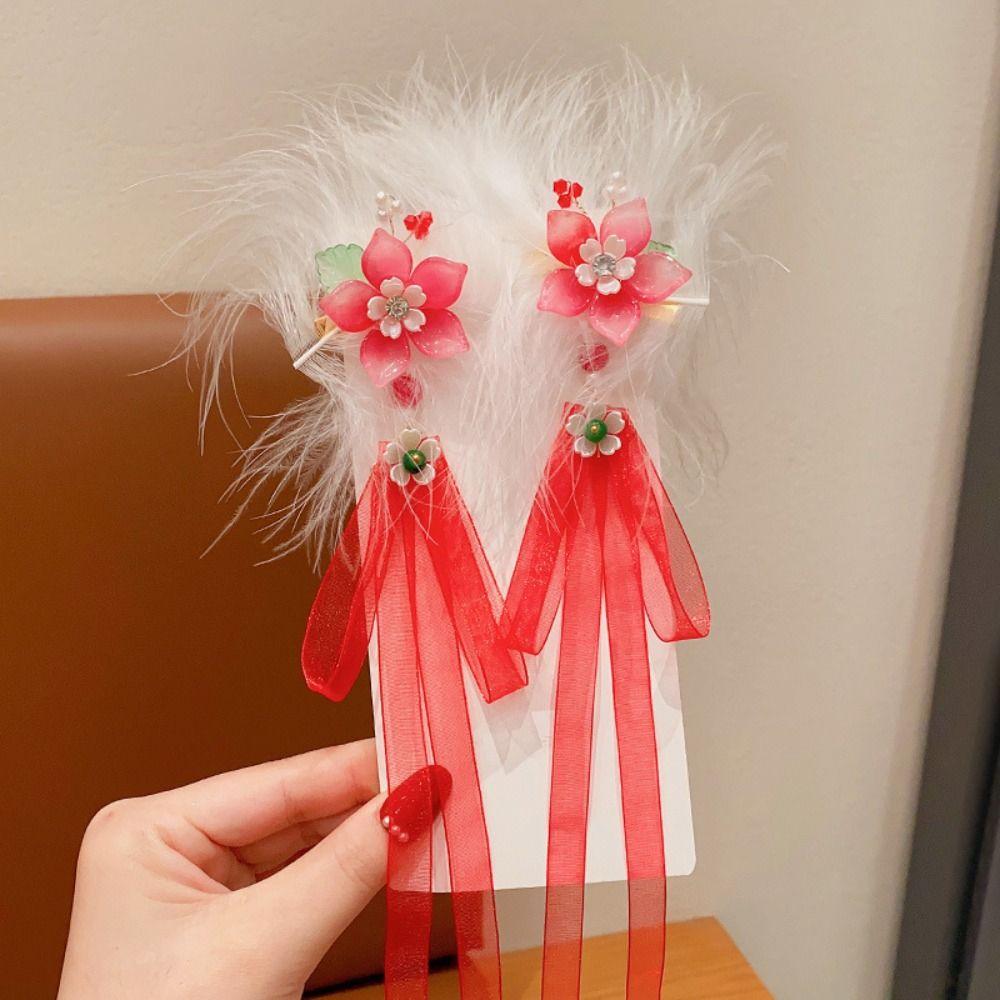 

Ribbon Chinese New Year Headwear Feather Hanfu Hairpin Children Red Hairpin Girl Hair Accessories G