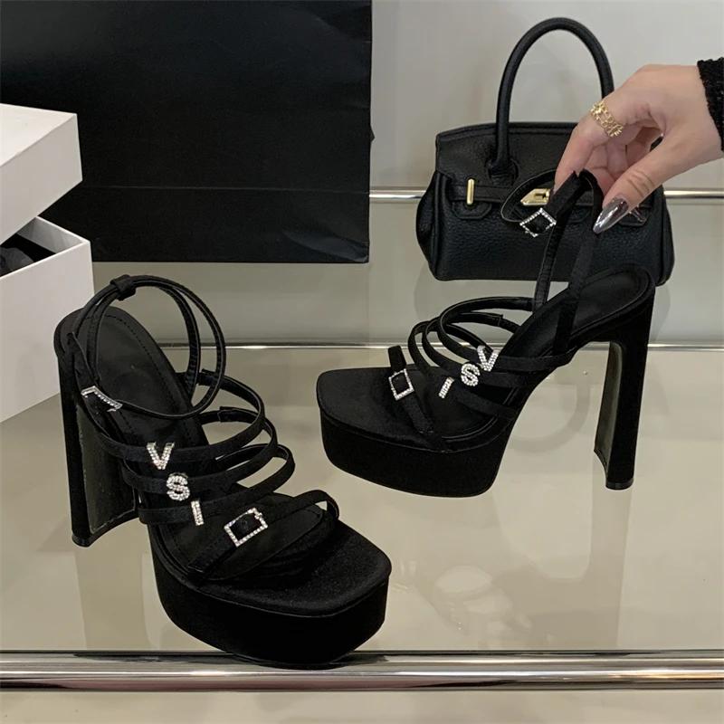 Fashion Fashion High Heel Sandals Women Square Toe High Heels Banquet Party Shoes New Design Women Shoes Narrow Band Buckle Strap Sandal
