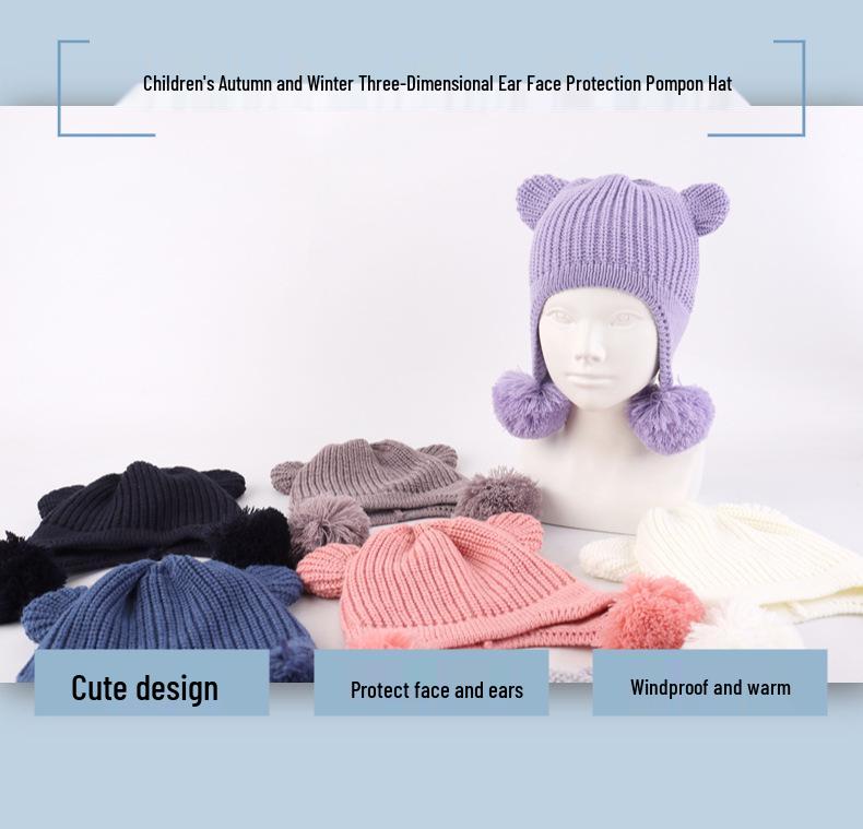 2023 Autumn Knitted Hat with Double Pom Pom Bear Ears - Cute, Cozy, and Windproof Ear Protection