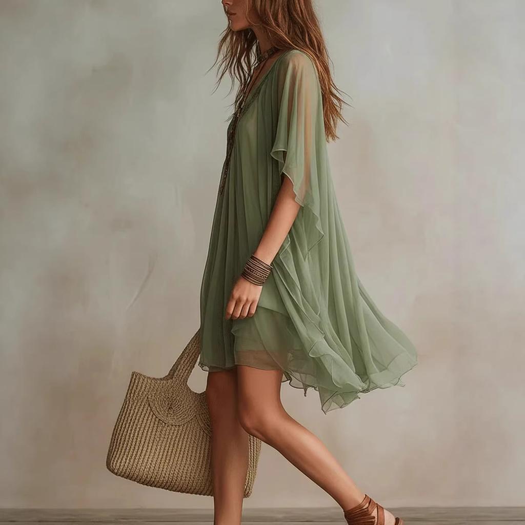 2026 Summer New European and American Women's Clothing V-neck Chiffon Dress Seaside Vacation Loose Blouse Beach Dress