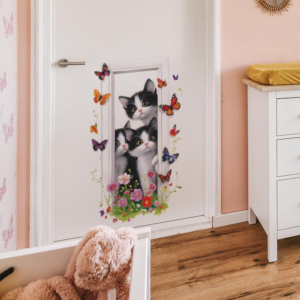 Cartoon Dorky Cat Butterfly Bedroom Living Room Door Beautification Decoration Wall Stickers