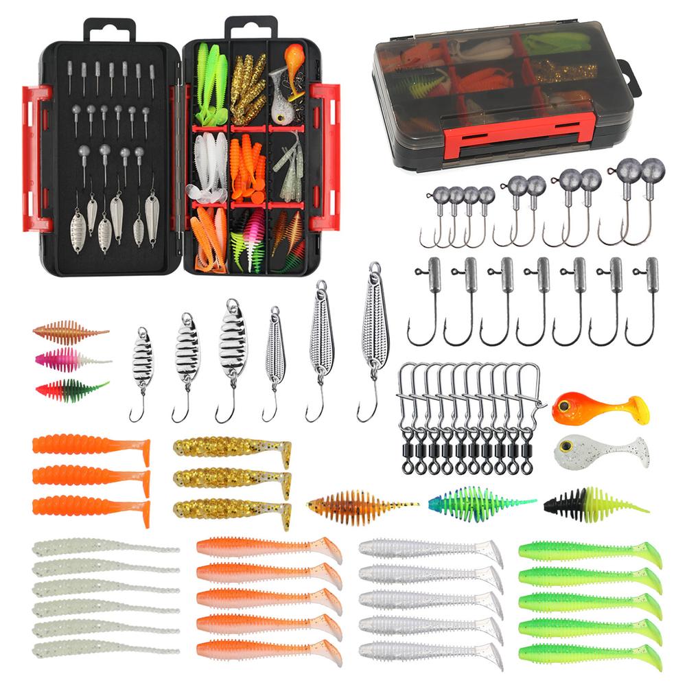 75/35pcs/Set Lure Boxed Soft Bait Perch Warbler Fish Worms Lure Threaded Curly Tail Maggot Bionic Bait Fake Baits Jig Head Hooks 260319