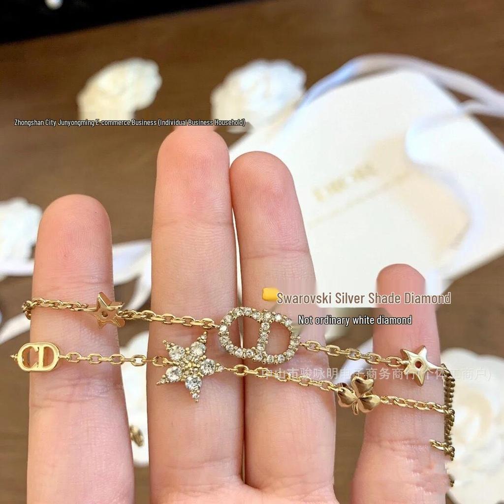 Classic Five-Pointed Star Rhinestone Double-Layer Bracelet - Women's Daily Versatile Two-Piece Set Jewelry