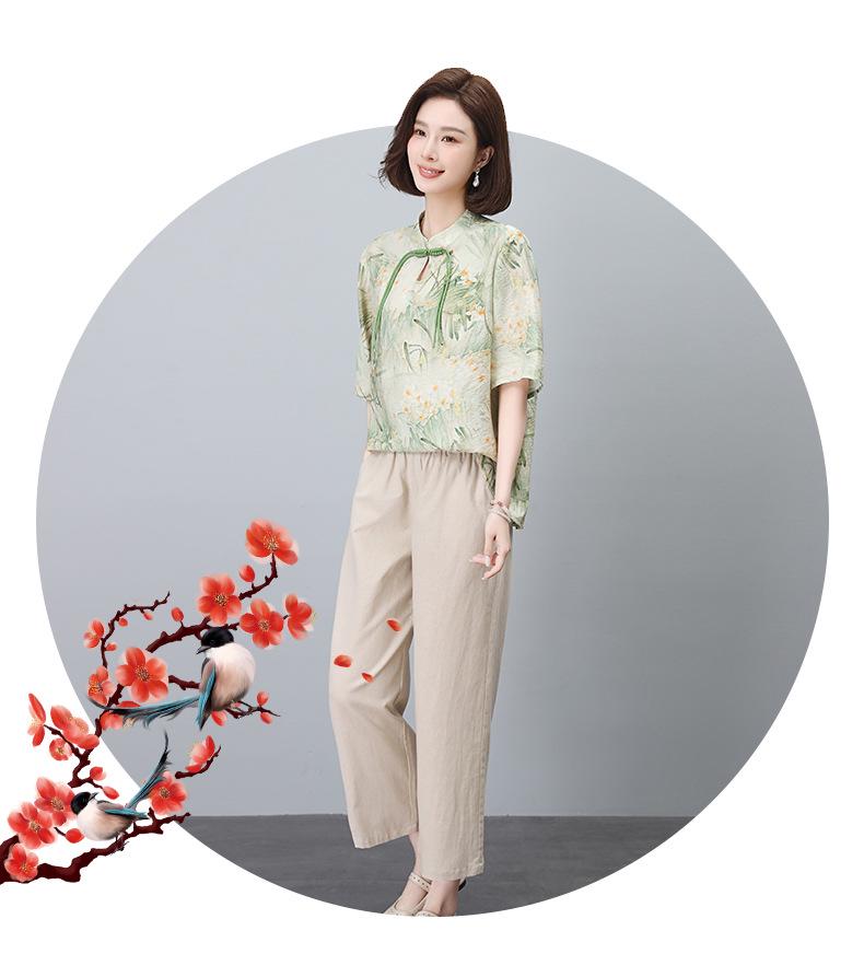 2024 Letní Dámský Národní Styl Bavlněno-Lněný Dvoudílný Set pro Křivky