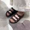 Cowhide Version~ One-pedal Belt Buckle Big Head Thick Bottom Women's Black Retro Leather Round Head One-word Slippers