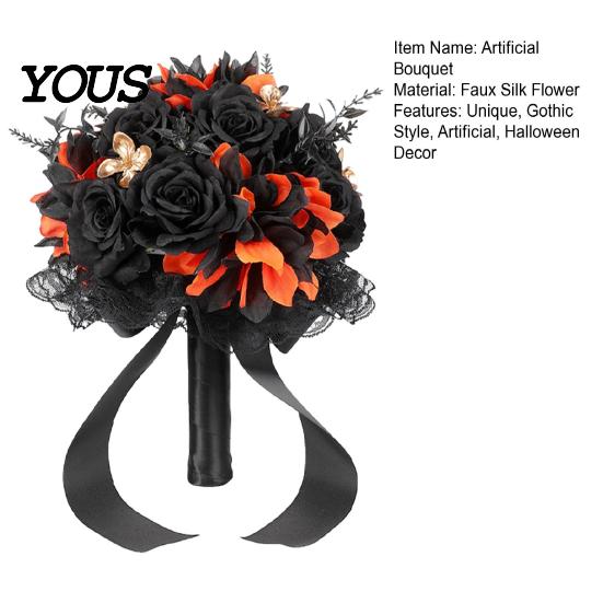 Halloween Flower Bouquet Wedding Bouquets for Bride And Bridesmaid, Gothic Artificial Bouquet, Cobweb Arrangement Black Rose Blooms Fake Centerpiece,