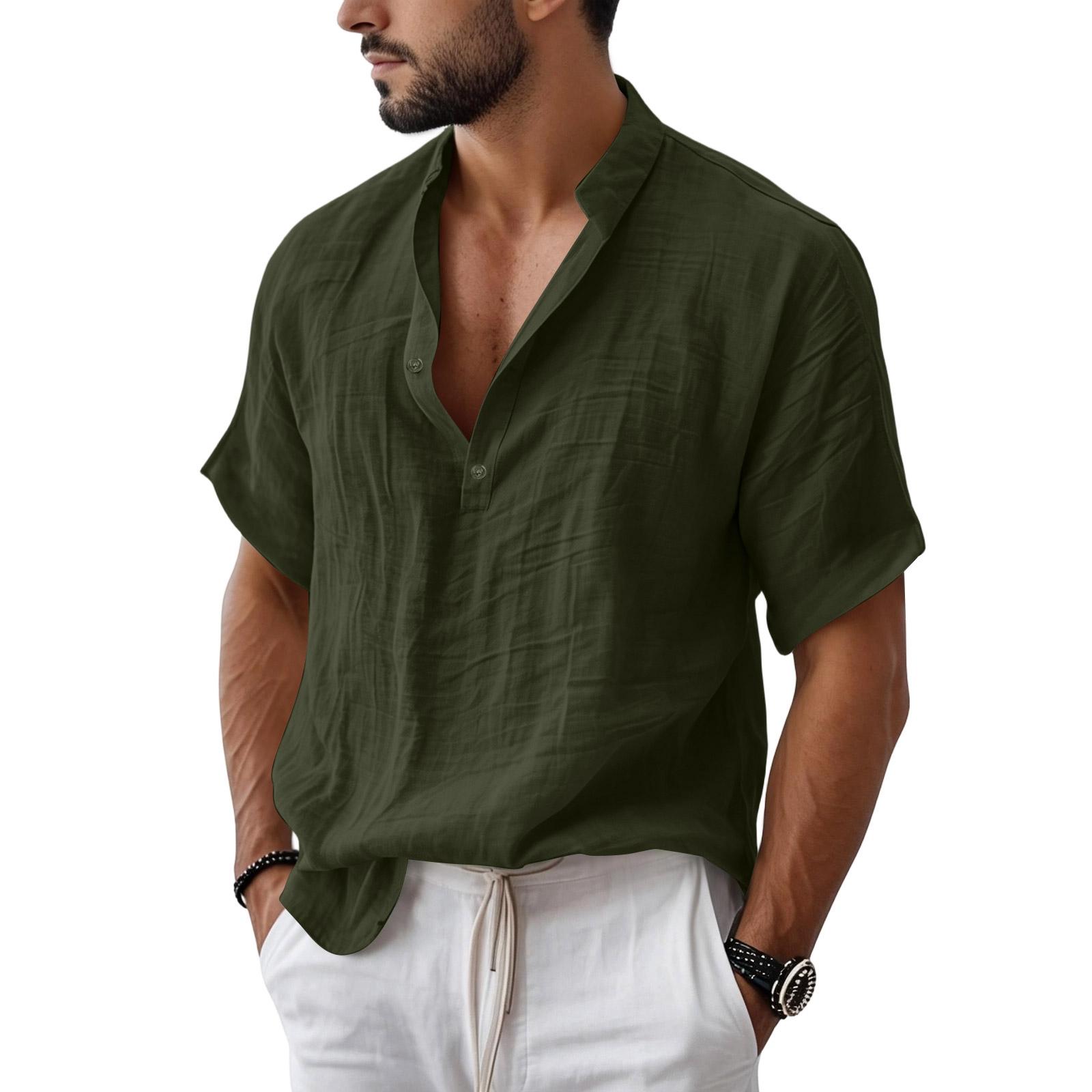 Men s Collared Button-down Plain Short-sleeved Casual Shirt L