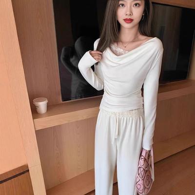 Women's Pure White One-Shoulder Lace T-Shirt - Spring Off-Shoulder Layered Look