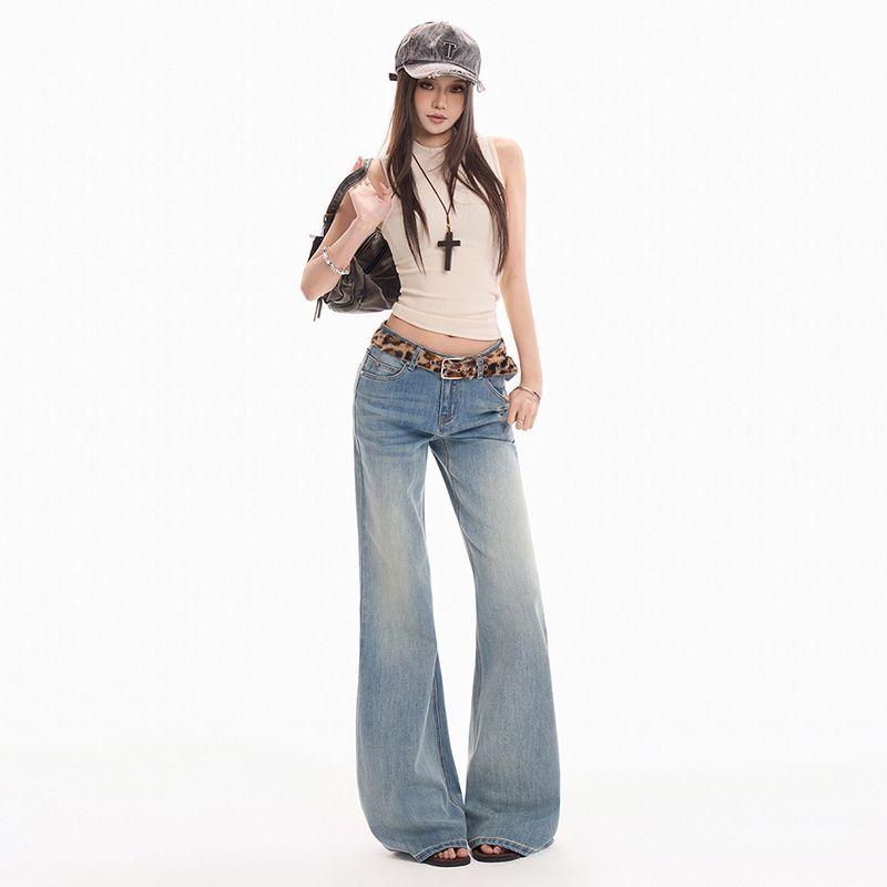 Spring Summer Vintage Light Blue Handmade Cat Whisker Low Waist Classic Slim Micro Flare Denim Pants For Women Casual Pants Oversize Denim Trousers