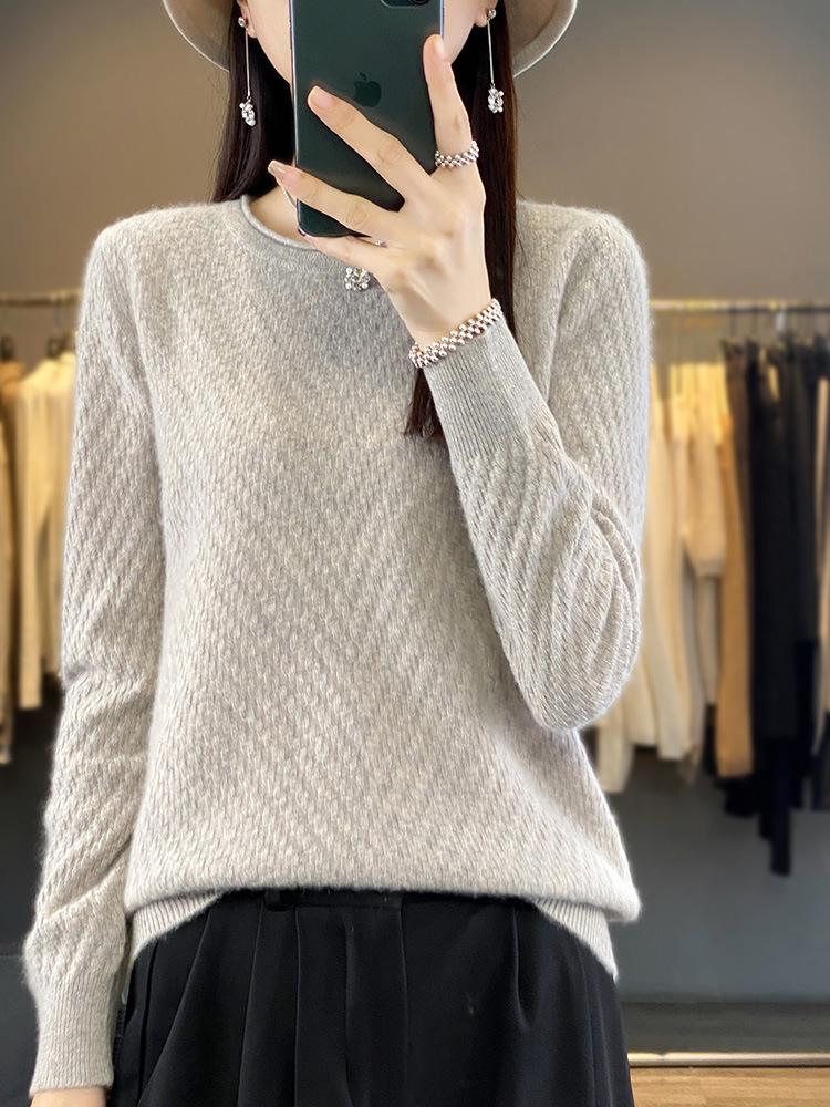 Women's Round Neck Solid Jacquard Wool Pullover Sweater - Autumn/Winter Casual Knitted Top