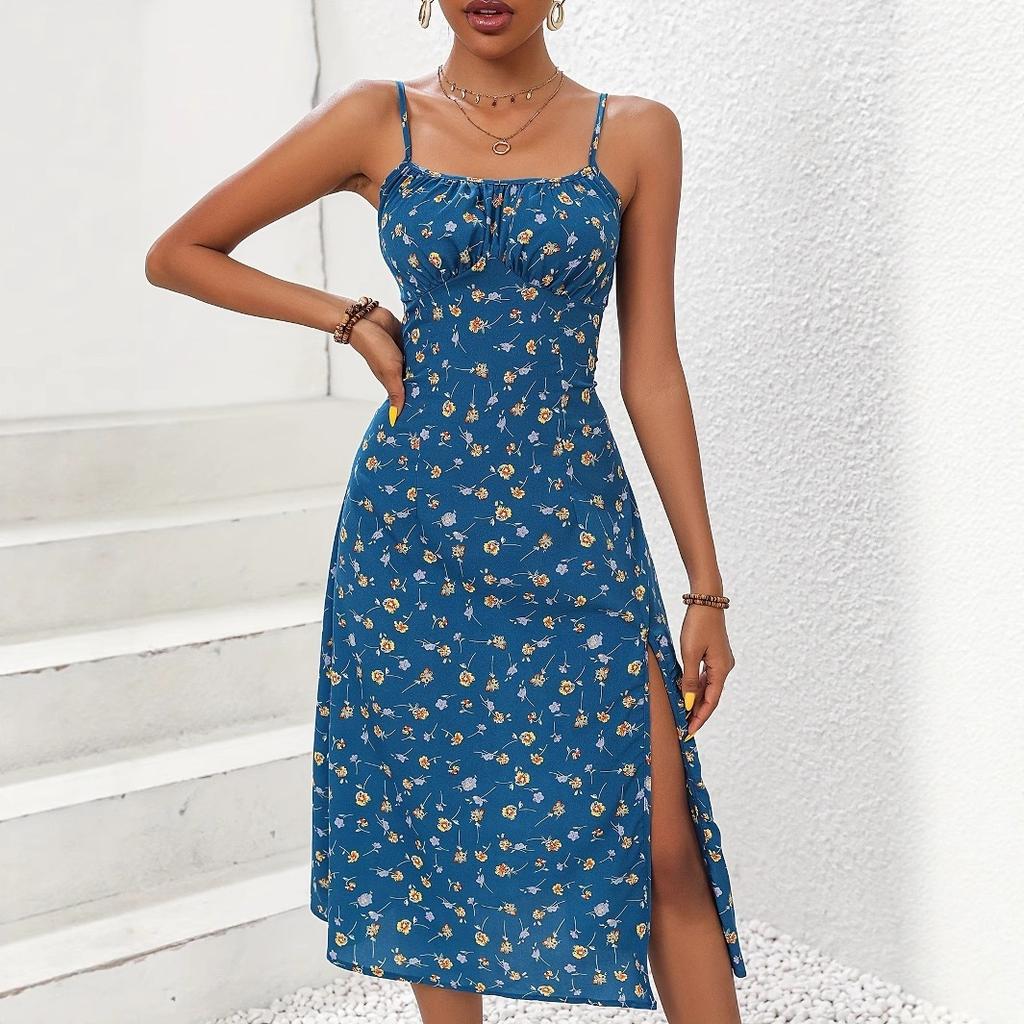 2026 summer new European and American printing suspender slit polka dot dress waist elegant women's clothing