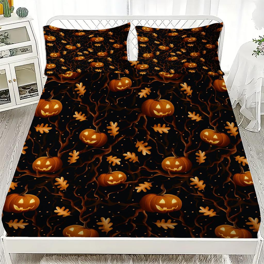 3pcs Fitted Sheet Set Evil Pumpkin Maple Leaf Print Polyester Breathable Bedding Set for Home Halloween Decor with 2 Pillowcases
