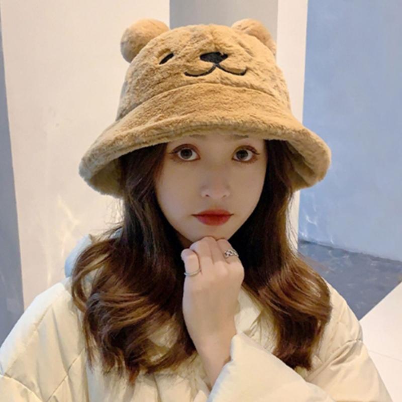 Autumn And Winter Fisherman Hat Women'S Bear Ears Plush Hat Korean Version Cute Soft Warm Plus Velvet Thickened Basin Hat