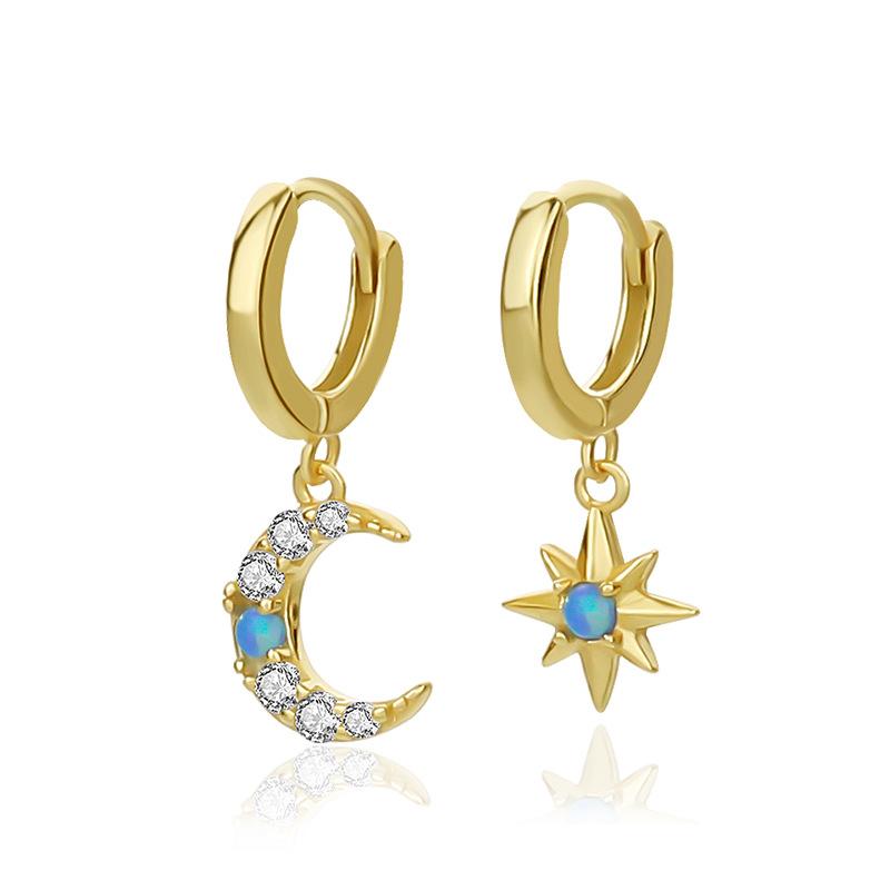 S925 Sterling Silver,Asymmetric Star Moon Hoop Earrings, Luxury Cubic Zirconia Ear Jewelry,