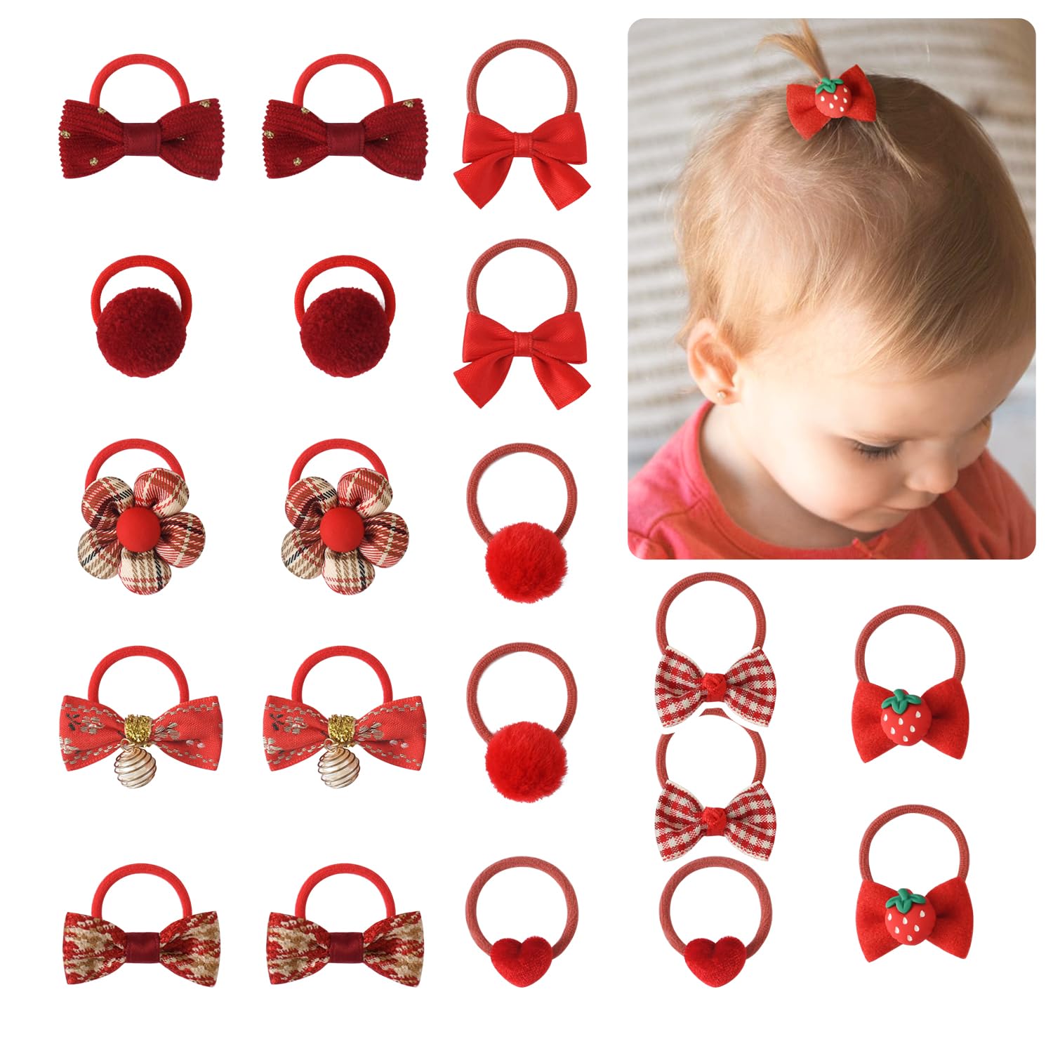 Toddler Hair Ties for Girls 20 PCS Baby Bow Elastic Nylon Scrunchies Kids Christmas Hair Accessories Ponytail Holders Hairbands - Red
