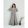 Elegant V-Neck Long Sleeve Satin Midi Dress Women Formal Evening Gown French Chic Style