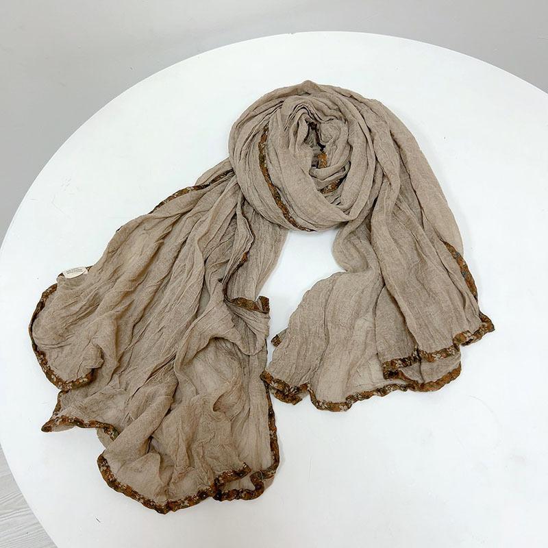 Vintage Cotton Linen Feeling Warm Scarf Solid Color Warm Shawl with Floral Brim Korean Versatile Pleated Autumn and Winter Scarf