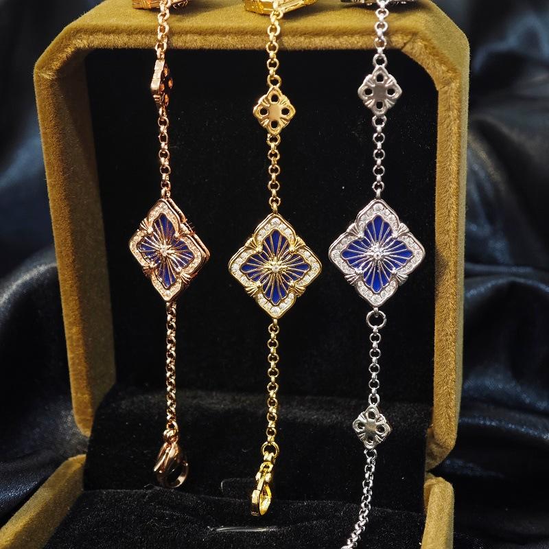 Italian Cloth Qi Latti Brushed Craft Four-Leaf Clover Bracelet Female Court Style Diamond Blue Gold Blue Three-Flower Bracelet