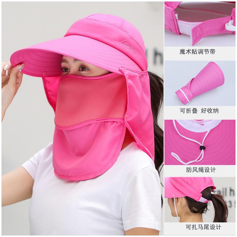 Women Wide Brim Face Mask Sun Hat Detachable Neck Face Flap Ponytail UV Protection Visor Hat Garden Fishing Hiking