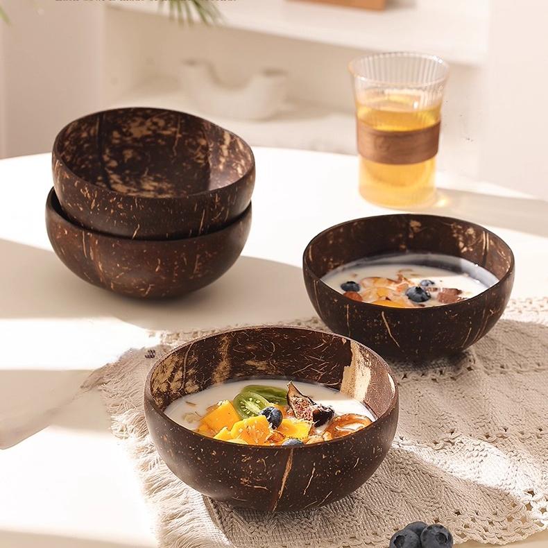 Natural Coconut Shell Bowl,Wooden Spoon and Bowl Set,Yogurt Bowl Fruit Salad Milkshake Kitchen Tableware