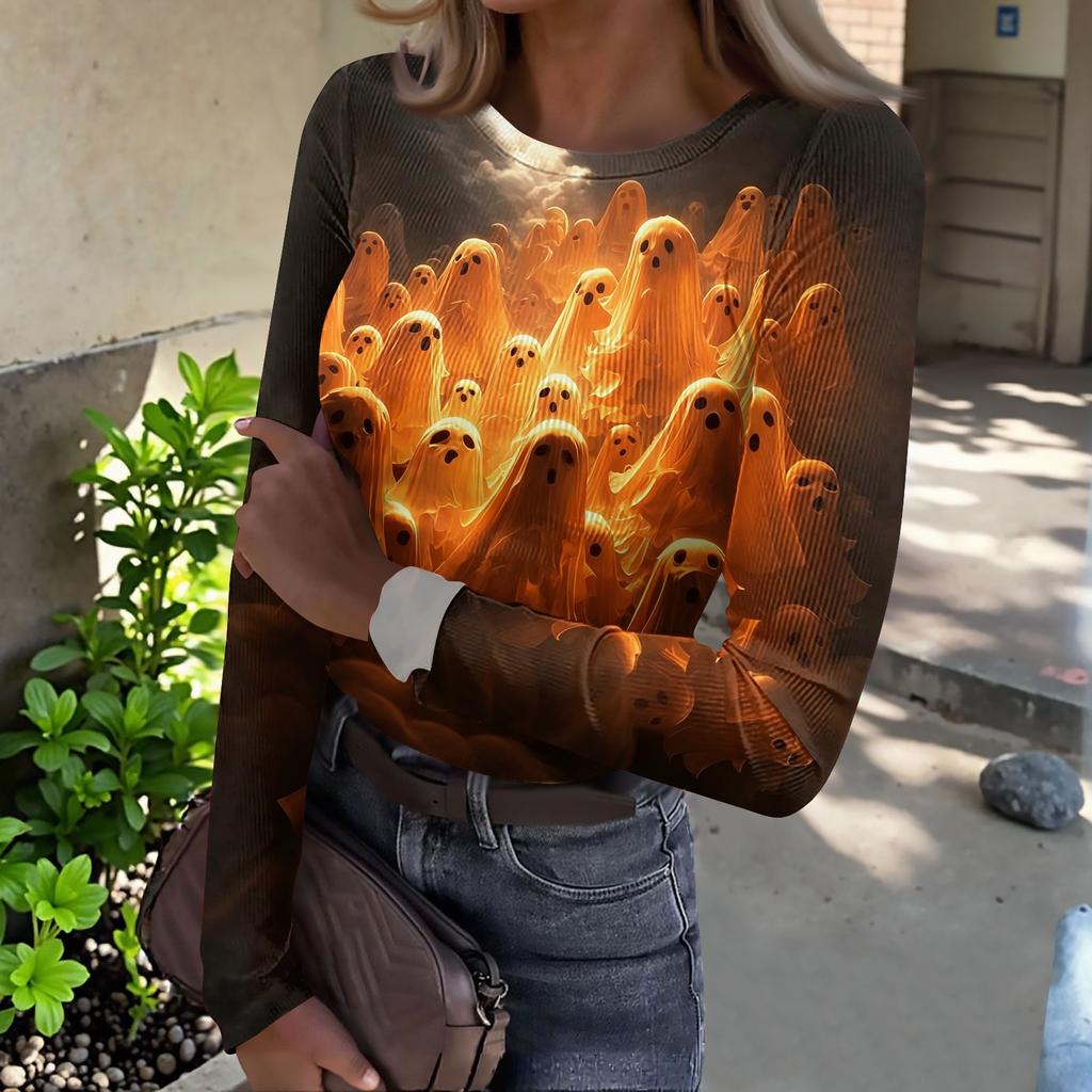 Women's Casual Long Sleeve Ribbed Top Halloween Pumpkin Print Crew Neck Slim Fit Stretchy Lightweight Shirt for Fall