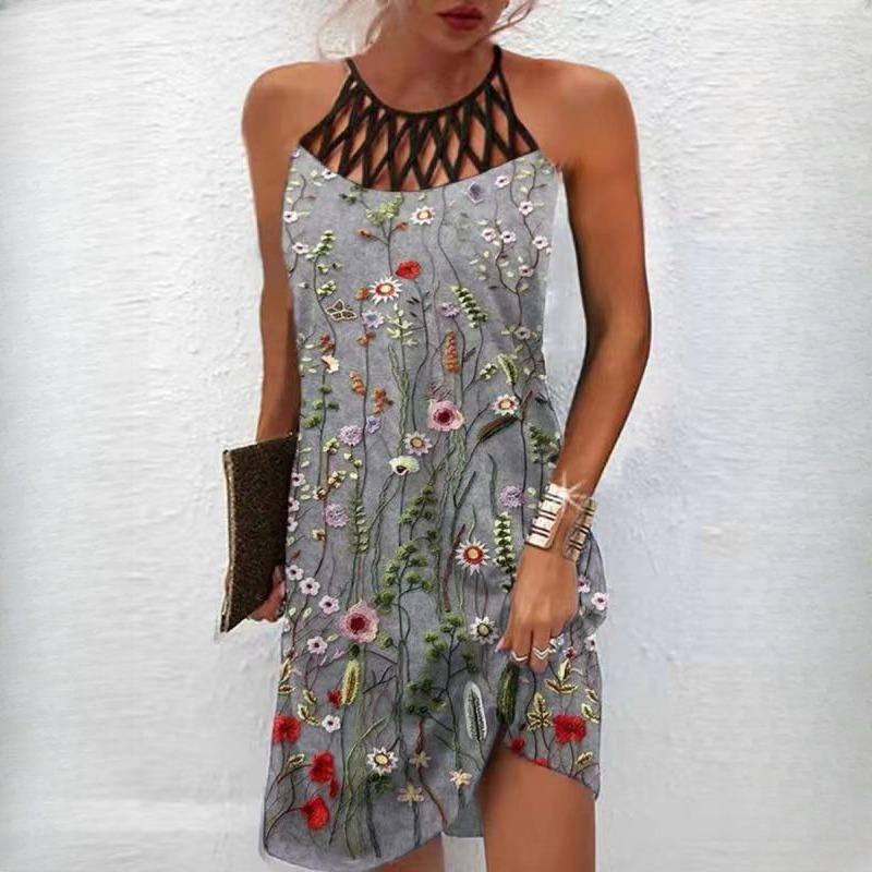 

IHUASU женские весенне-летние повседневные платья без рукавов в этническом стиле с сетчатым поясом и принтом XXXL серый