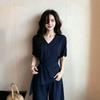 Women's V Neck Short Sleeve Loose Fit Top High Waist Wide Leg Pants 2-Piece Set