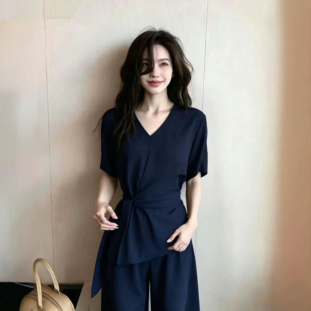 Women's V Neck Short Sleeve Loose Fit Top High Waist Wide Leg Pants 2-Piece Set
